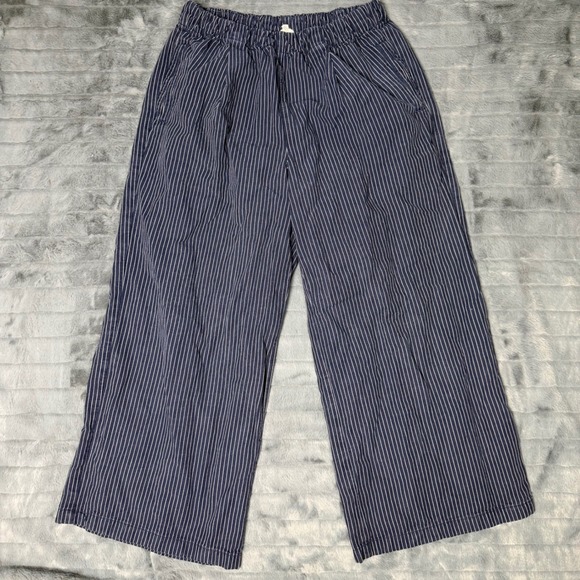 aerie Pants - Aerie Navy White Pinstripe Wide Leg Pants Elastic Waist L Short Cotton Lyocell